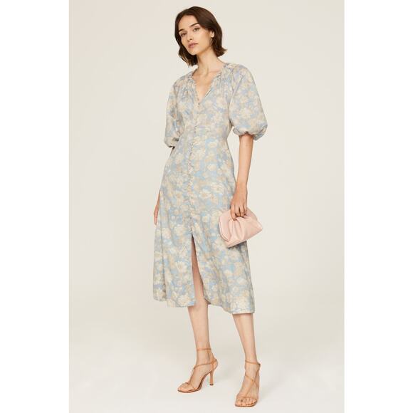 REBECCA TAYLOR Blue Yellow Printed Leaf Cotton Button Front Puff Sleeve Dress 0 - Picture 1 of 11